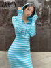 imCharms 2023 Summer Casual Simple Hooded Zipper Slim Long-Sleeved Striped Knitted Dress Women's