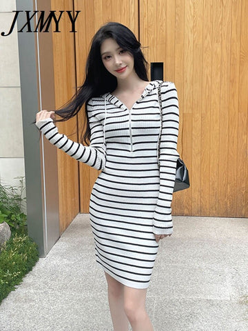 imCharms 2023 Summer Casual Simple Hooded Zipper Slim Long-Sleeved Striped Knitted Dress Women's