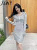 imCharms 2023 Summer Casual Simple Hooded Zipper Slim Long-Sleeved Striped Knitted Dress Women's