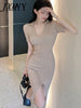 imCharms 2023 Summer Elegant Temperament Lapel Tight Dress Sexy Slit Waist Slim Knitted Hip Skirt Women's Clothing