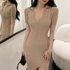 imCharms 2023 Summer Elegant Temperament Lapel Tight Dress Sexy Slit Waist Slim Knitted Hip Skirt Women's Clothing