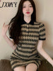 imCharms 2023 Summer Elegant Temperament Retro Diamond Polo Collar Short-Sleeved Knitted Dress Women