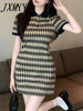 imCharms 2023 Summer Elegant Temperament Retro Diamond Polo Collar Short-Sleeved Knitted Dress Women