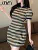 imCharms 2023 Summer Elegant Temperament Retro Diamond Polo Collar Short-Sleeved Knitted Dress Women