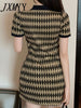 imCharms 2023 Summer Elegant Temperament Retro Diamond Polo Collar Short-Sleeved Knitted Dress Women