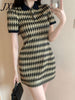 imCharms 2023 Summer Elegant Temperament Retro Diamond Polo Collar Short-Sleeved Knitted Dress Women