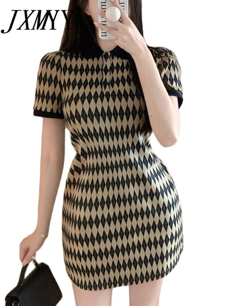 imCharms 2023 Summer Elegant Temperament Retro Diamond Polo Collar Short-Sleeved Knitted Dress Women