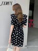 imCharms 2023 Summer Elegant Temperament Square Neck Puff Sleeve Dress Craft Jacquard Waist Black One-Step Skirt Women