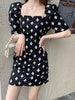 imCharms 2023 Summer Elegant Temperament Square Neck Puff Sleeve Dress Craft Jacquard Waist Black One-Step Skirt Women