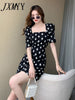 imCharms 2023 Summer Elegant Temperament Square Neck Puff Sleeve Dress Craft Jacquard Waist Black One-Step Skirt Women