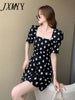 imCharms 2023 Summer Elegant Temperament Square Neck Puff Sleeve Dress Craft Jacquard Waist Black One-Step Skirt Women