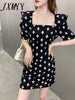 imCharms 2023 Summer Elegant Temperament Square Neck Puff Sleeve Dress Craft Jacquard Waist Black One-Step Skirt Women
