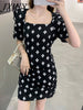 imCharms 2023 Summer Elegant Temperament Square Neck Puff Sleeve Dress Craft Jacquard Waist Black One-Step Skirt Women
