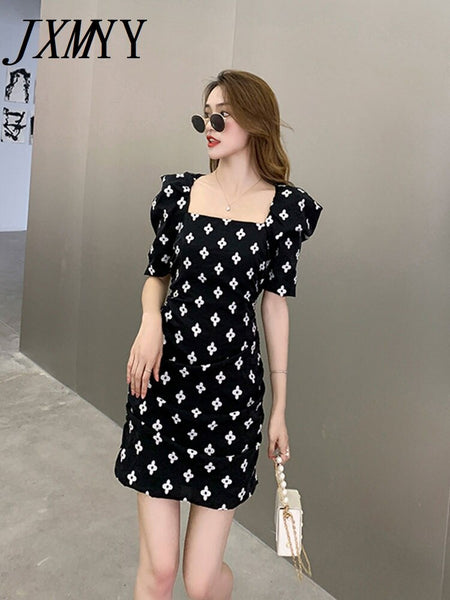 imCharms 2023 Summer Elegant Temperament Square Neck Puff Sleeve Dress Craft Jacquard Waist Black One-Step Skirt Women