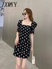 imCharms 2023 Summer Elegant Temperament Square Neck Puff Sleeve Dress Craft Jacquard Waist Black One-Step Skirt Women
