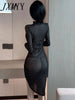 imCharms 2023 Summer European And American Sexy Bronzing Lace Hollow Irregular Long-Sleeved Slim Dress
