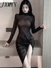 imCharms 2023 Summer European And American Sexy Bronzing Lace Hollow Irregular Long-Sleeved Slim Dress