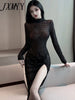 imCharms 2023 Summer European And American Sexy Bronzing Lace Hollow Irregular Long-Sleeved Slim Dress