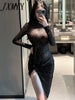 imCharms 2023 Summer European And American Sexy Bronzing Lace Hollow Irregular Long-Sleeved Slim Dress