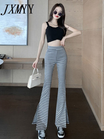 imCharms 2023 Summer Houndstooth Split Fork Drape High Waist Micro La Show Thin Elastic Casual Pants Women's Clothing