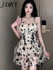 imCharms 2023 Summer Off-The-Shoulder Suspender Skirt Mesh Embroidery High Waist Puffy Dress Women's Clothing