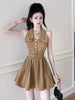 imCharms 2023 Summer Retro Lapel Sleeveless Dress Women's Design Temperament Waist Slim Pleated Skirt