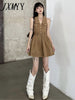imCharms 2023 Summer Retro Lapel Sleeveless Dress Women's Design Temperament Waist Slim Pleated Skirt