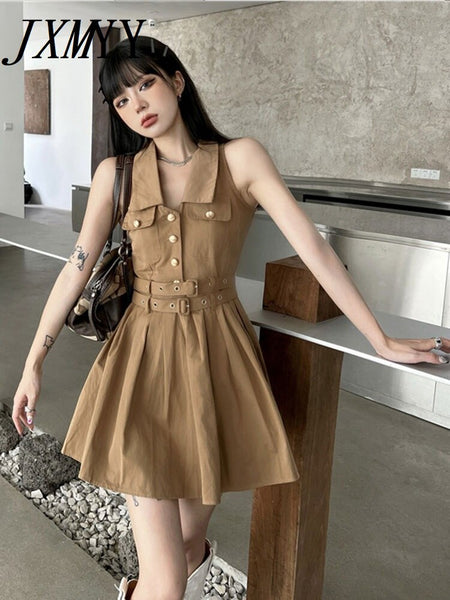 imCharms 2023 Summer Retro Lapel Sleeveless Dress Women's Design Temperament Waist Slim Pleated Skirt