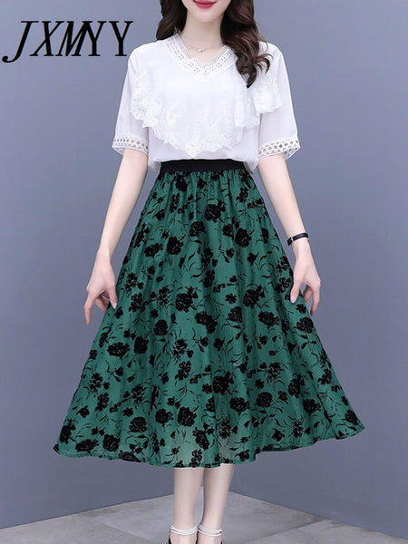 imCharms 2023 Summer Temperament Trendy Lace Chiffon Shirt Top Flocking Printing High Waist Slim Skirt Suit Women