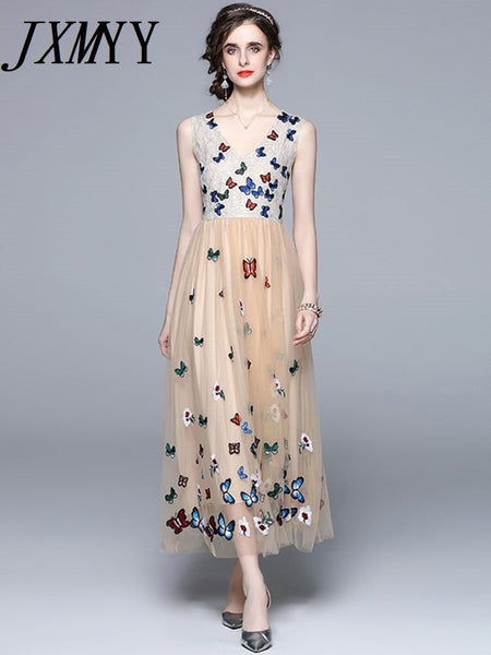 imCharms 2023 Summer Women's Lace And Mesh Yarn Heavy Industry Embroidery Flower Butterfly V-Neck Waist Dress