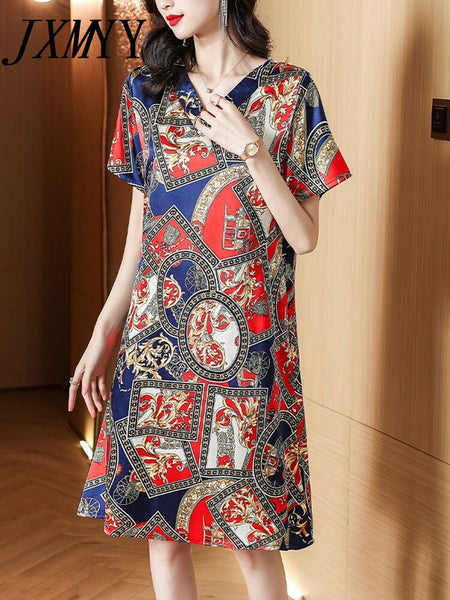 imCharms 2023 Summer Print French Elegant Temperament High-End Mid-Length Silk Plus Size Women's Dress