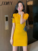 imCharms 2023 Summer Round Neck Short-Sleeved All-Match Sexy Slim Bag Hip Mid-Length Knitted Dress Women's