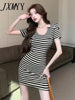 imCharms 2023 Summer Sashion Casual Elegant Temperament Striped Dress Sexy Slim Design Women's Dress