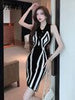 imCharms 2023 Summer Style Sleeveless Temperament Waist Thin Irregular Striped Knitted Dress Women's Trend