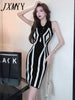 imCharms 2023 Summer Style Sleeveless Temperament Waist Thin Irregular Striped Knitted Dress Women's Trend
