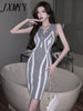 imCharms 2023 Summer Style Sleeveless Temperament Waist Thin Irregular Striped Knitted Dress Women's Trend
