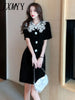 imCharms 2023 Summer comfortable Retro Elegant Doll Collar Short-Sleeved Hepburn Style Temperament Little Black Dress Female