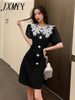 imCharms 2023 Summer comfortable Retro Elegant Doll Collar Short-Sleeved Hepburn Style Temperament Little Black Dress Female