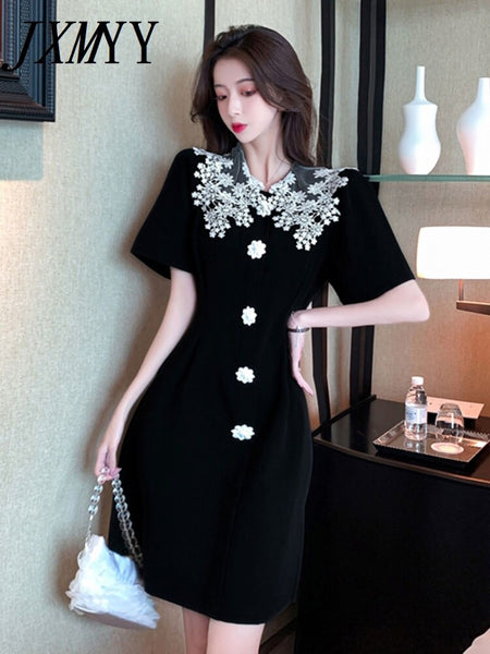 imCharms 2023 Summer comfortable Retro Elegant Doll Collar Short-Sleeved Hepburn Style Temperament Little Black Dress Female