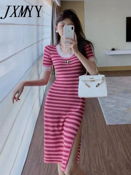 imCharms 2023 Summer NChic Striped Knitted Elegant Temperament Dress Women's Skirt