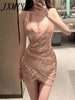 imCharms 2023 Summer Sexy Patty Sequins Temperament V-Neck Strapless Suspenders Cross Irregular Slim Dress