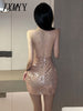 imCharms 2023 Summer Sexy Patty Sequins Temperament V-Neck Strapless Suspenders Cross Irregular Slim Dress