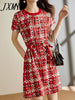 imCharms 2023 Summer Short-Sleeved Round-Neck Print Casual Dress Women's Lace-Up Waist Slim Mid-Length Plaid Skirt
