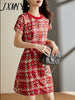 imCharms 2023 Summer Short-Sleeved Round-Neck Print Casual Dress Women's Lace-Up Waist Slim Mid-Length Plaid Skirt