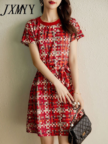 imCharms 2023 Summer Short-Sleeved Round-Neck Print Casual Dress Women's Lace-Up Waist Slim Mid-Length Plaid Skirt