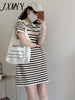 imCharms 2023 Summer Texture Casual Slimming Polo Collar Short-Sleeved T-Shirt Skirt Straight Striped Ice Linen Dress