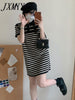imCharms 2023 Summer Texture Casual Slimming Polo Collar Short-Sleeved T-Shirt Skirt Straight Striped Ice Linen Dress