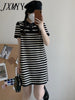 imCharms 2023 Summer Texture Casual Slimming Polo Collar Short-Sleeved T-Shirt Skirt Straight Striped Ice Linen Dress