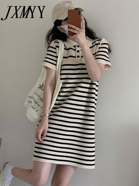 imCharms 2023 Summer Texture Casual Slimming Polo Collar Short-Sleeved T-Shirt Skirt Straight Striped Ice Linen Dress