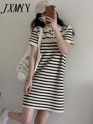 imCharms 2023 Summer Texture Casual Slimming Polo Collar Short-Sleeved T-Shirt Skirt Straight Striped Ice Linen Dress